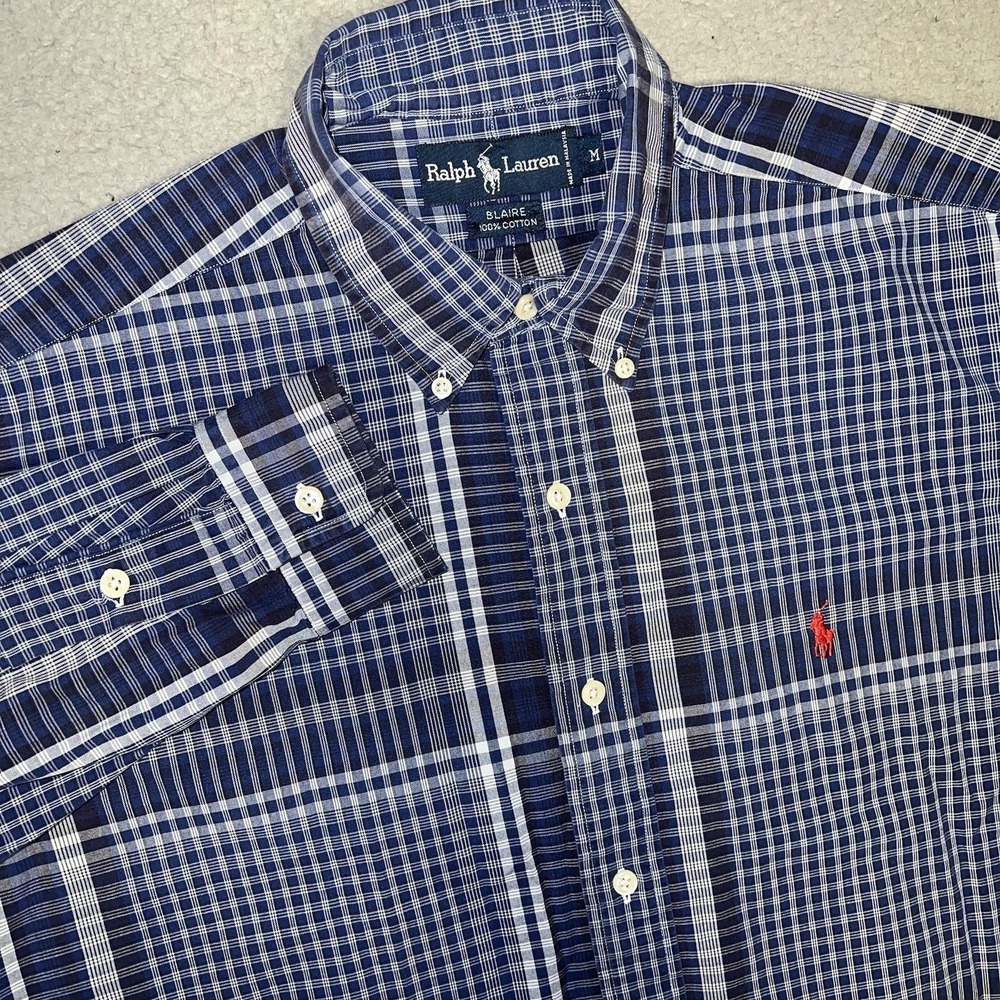 VTG Polo‎ Ralph Lauren Blaire Shirt Men's Sz M Blue White Plaid Button Down